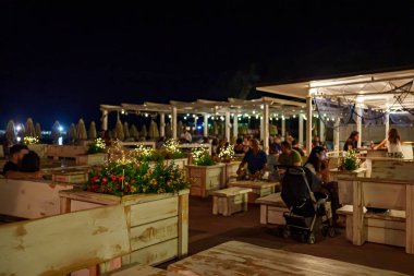Scauri, Italy - 18.06.2022: Acquapazza restaurant on Scauri beach.