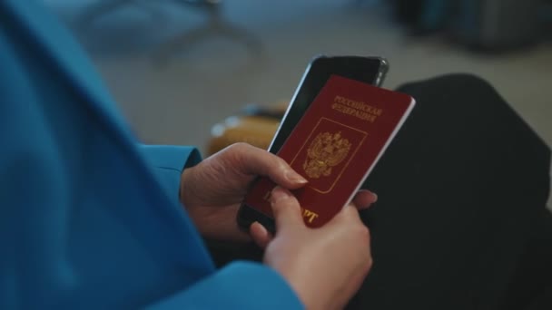 Woman Russian Federation Passport Waiting Her Flight Airport — Stockvideo