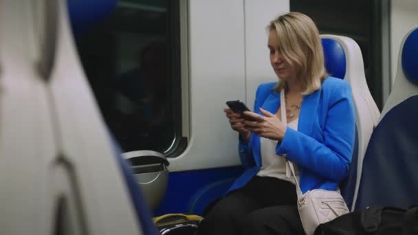 Woman Business Suit Phone Travelling Train — Stok video