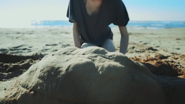 Teenage Girl Sculpt Turtle Sand Sea Beach — Stockvideo