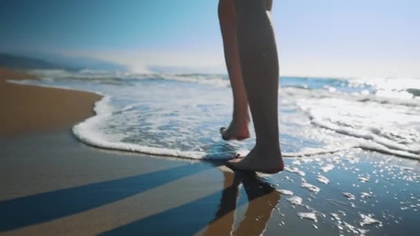 Женщина Ноги Ходить Пляжному Песку — стоковое видео