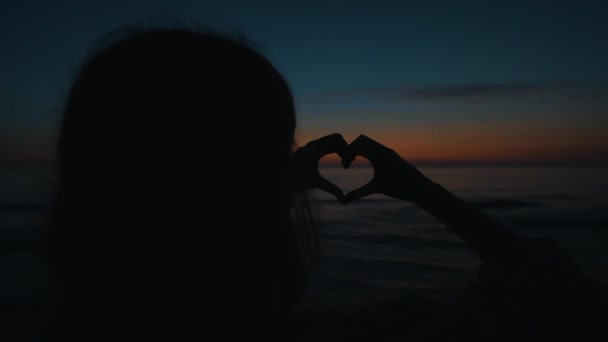 Hands Teenage Girl Made Heart Shape Sunset — Stok Video