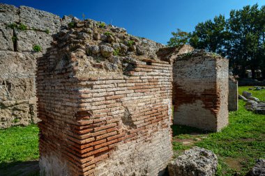 Ancient brickwork walls in Paestum, Italy.