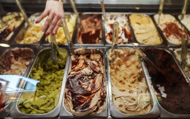 Ice cream with different flavors in the ice cream shop.