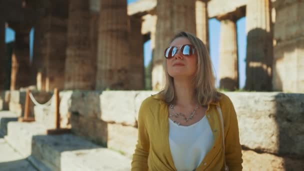 Woman Tourist Enjoys Views Old Temple — Stock video