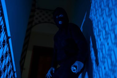Thief in a balaclava at night in the house.