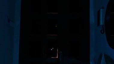 The thief breaks into the house through the front door.