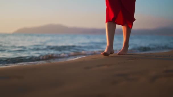 赤いドレスの女性がビーチ沿いを歩く — ストック動画