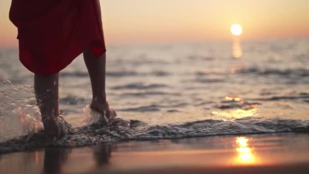 Vrouw Rood Staat Zee Bij Zonsondergang — Stockvideo