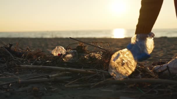Una Voluntaria Recoge Basura Playa Contaminación Ambiental — Vídeo de stock
