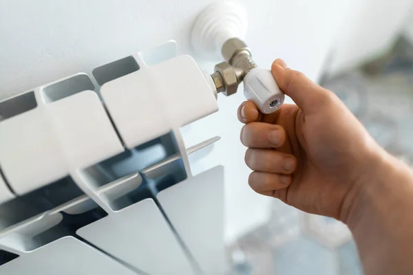 Male Hand Adjusting Thermostat Turn Radiator Heater Home — Stock Photo, Image