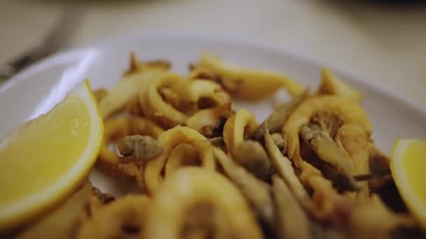 Mariscos Fritos Pescado Camarones — Vídeos de Stock