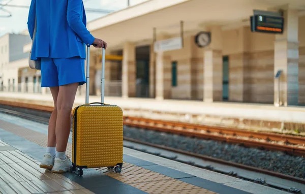 Woman Travel Suitcase Waiting Train — Photo