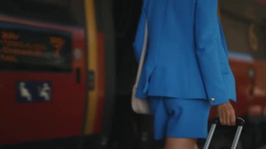 Kadın tren istasyonunda platformda yürüyor..