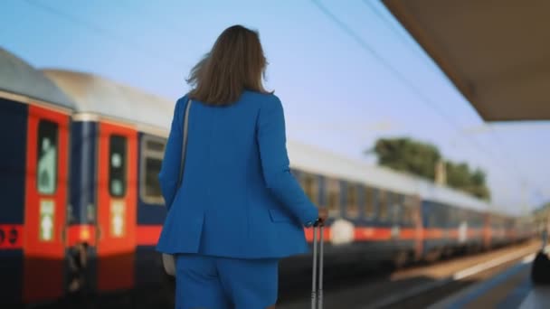 Kobieta Walizką Spaceruje Peronie Dworcu Kolejowym — Wideo stockowe