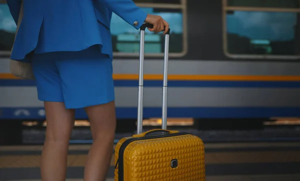 Woman Travel Suitcase Waiting Train — Photo