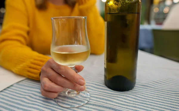 Woman Drinks White Homemade Wine Restaurant — Stock Photo, Image
