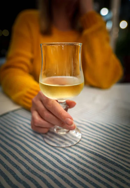 Woman Drinks White Homemade Wine Restaurant — Stock Photo, Image