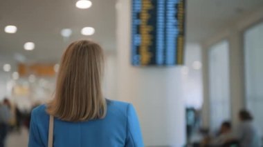 Woman in business suit in checking her flight in airport.