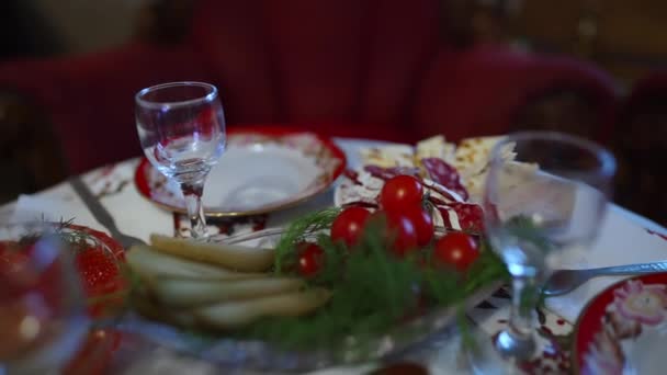 Fest Sovjetisk Stil Snacks Och Glas För Vodka — Stockvideo
