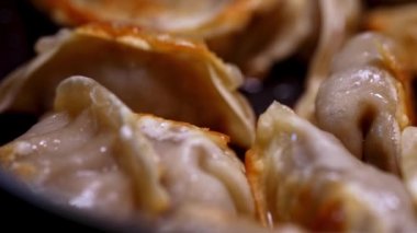 Jiaozi. Çin böreği ve tavada et..
