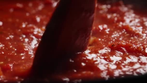 Stirring Spoon Tomato Pizza Sauce — Stock Video