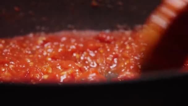 トマトのピザソースのスプーンで攪拌 — ストック動画