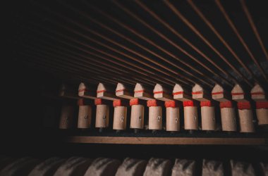 Piyanonun içinde. Dik piyanonun içindeki teller.