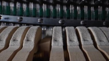 Piyanonun içinde. Dik piyanonun içindeki çekiçlerin ve tellerin yakın görüntüsü.