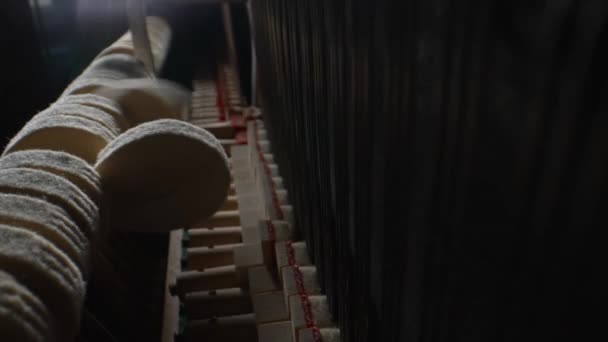 ピアノの中だ 直立したピアノの中のハンマーと弦のクローズアップ — ストック動画