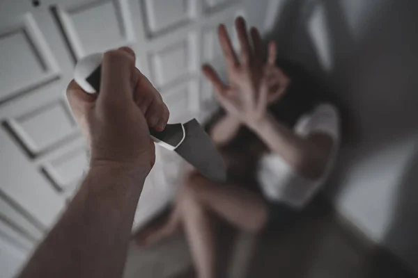 Victim Domestic Violence Man Swings Knife Woman — Stock Photo, Image