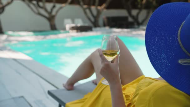 Femme Avec Verre Blanc Vin Relaxant Près Piscine — Video
