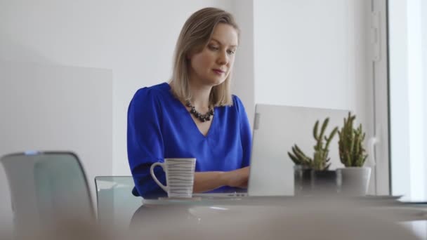 Mulher Empresária Com Laptop Trabalha Escritório — Vídeo de Stock