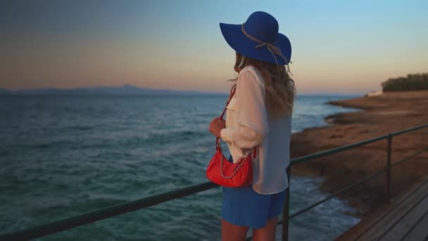 Turistkvinna Blå Hatt Vid Havet — Stockvideo