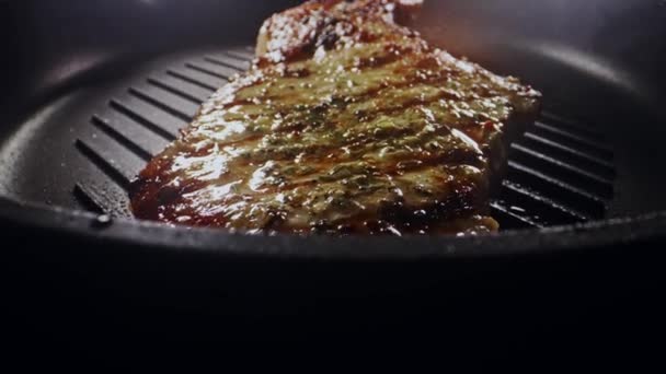 Seasoned Tomahawk Steak Cooked Frying Pan — Stock Video