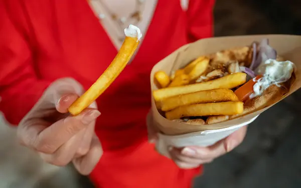 Woman Eats Pita French Fries Stock Picture