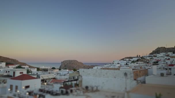 Evening View Ancient Acropolis Lindos Snow White Houses — Stock Video