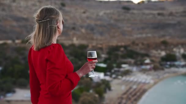 Woman Sunglasses Red Wine Balcony Stock Footage