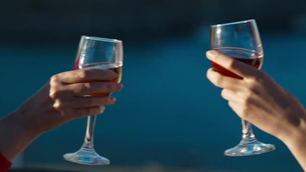 Kobiety Piją Kieliszki Czerwonego Wina Tle Morza — Wideo stockowe
