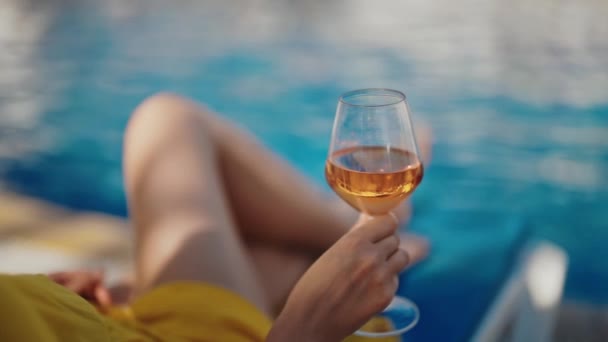 Woman Wine Relaxing Swimming Pool Stock Footage