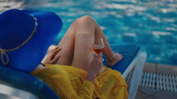 Woman Blue Hat Relaxing Pool Royalty Free Stock Footage