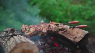 Shashlik ormanda şişler üzerinde.