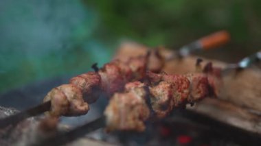 Shashlik ormanda şişler üzerinde.