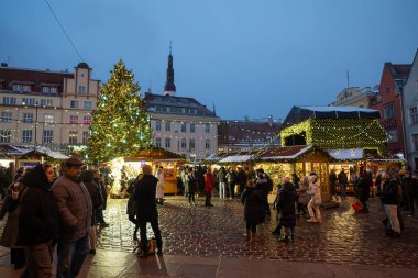 Tallinn, Estonya - 2024.12.07: Belediye Meydanı 'nda Noel pazarı. Sadece Editör.
