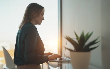 Ofiste dizüstü bilgisayarla çalışan bir kadın..