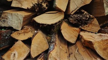 Ahşap bir kulübede düzgün kesilmiş odun yığını..