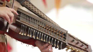 Folk müzik festivalinde nyckelharpa çalan kadın..