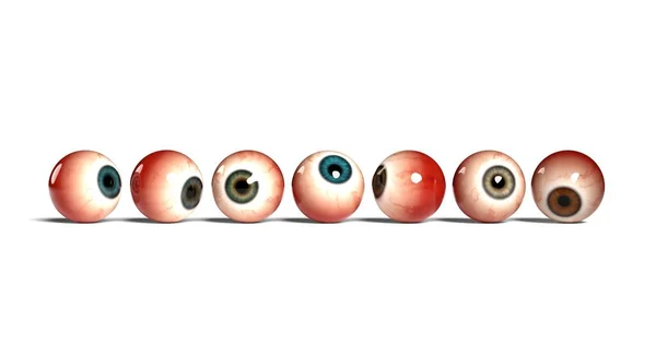 七只现实的眼睛 有着不同的虹膜 被白色背景隔离 3D渲染 — 图库照片