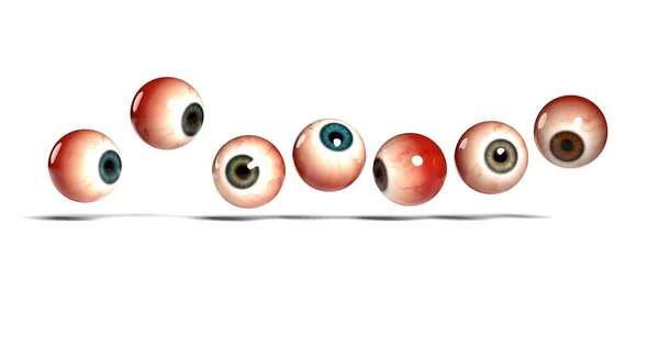 Siedem Realistycznych Ludzkich Oczu Różną Tęczówką Odizolowanych Białym Tle Renderowanie — Zdjęcie stockowe