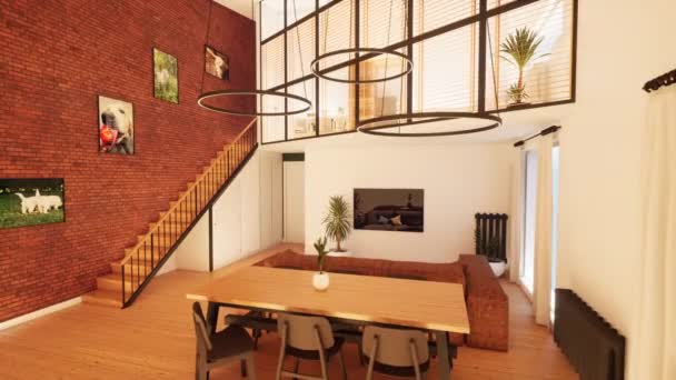 Modny Nowoczesny Design Dwupoziomowy Apartament Dużymi Wysokimi Oknami Stylowy Salon — Wideo stockowe